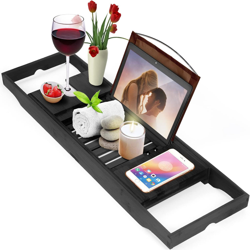 Indulge in Luxury: Expandable Black Bamboo Bathtub Tray with Wine Glass Holder and Tablet Stand
