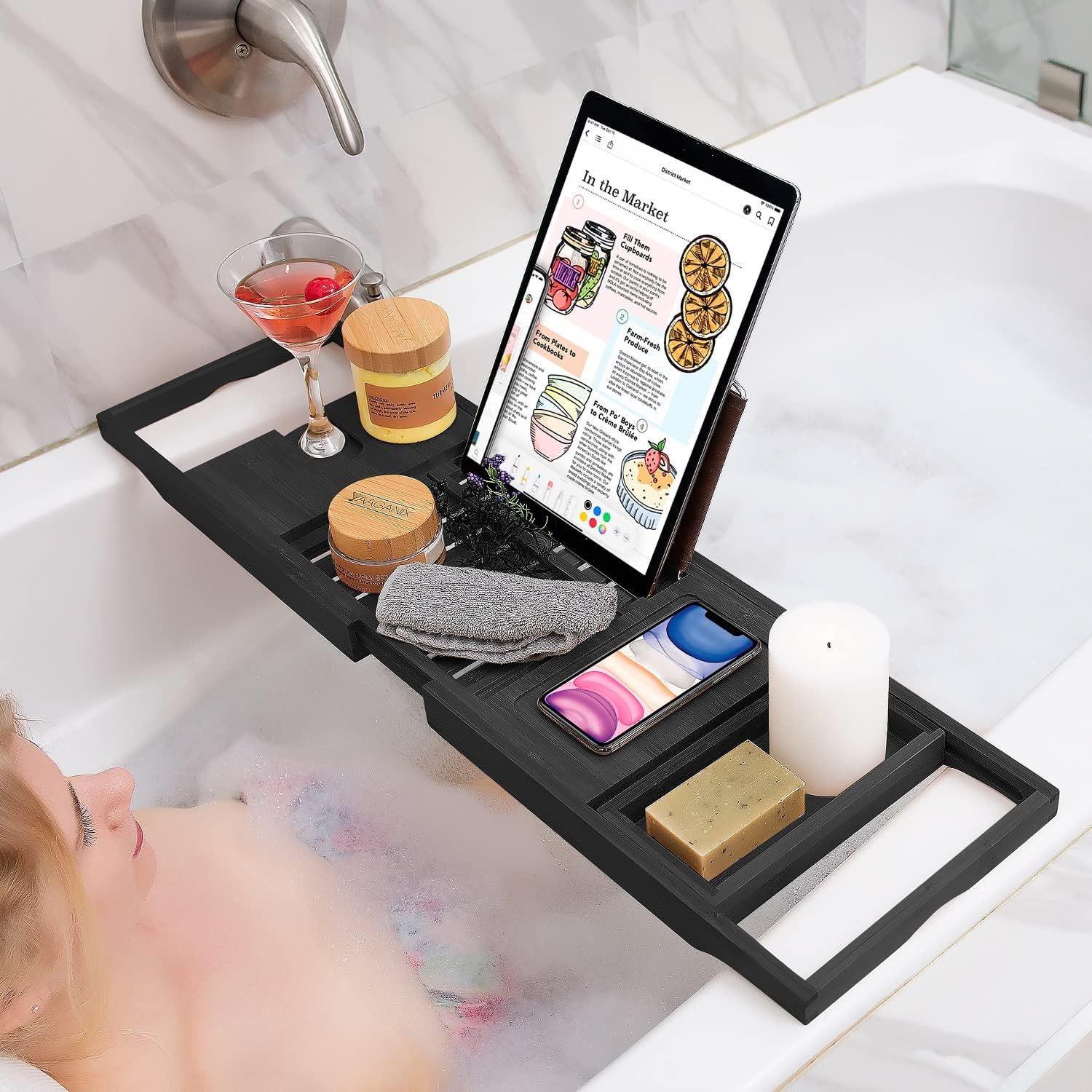Indulge in Luxury: Expandable Black Bamboo Bathtub Tray with Wine Glass Holder and Tablet Stand