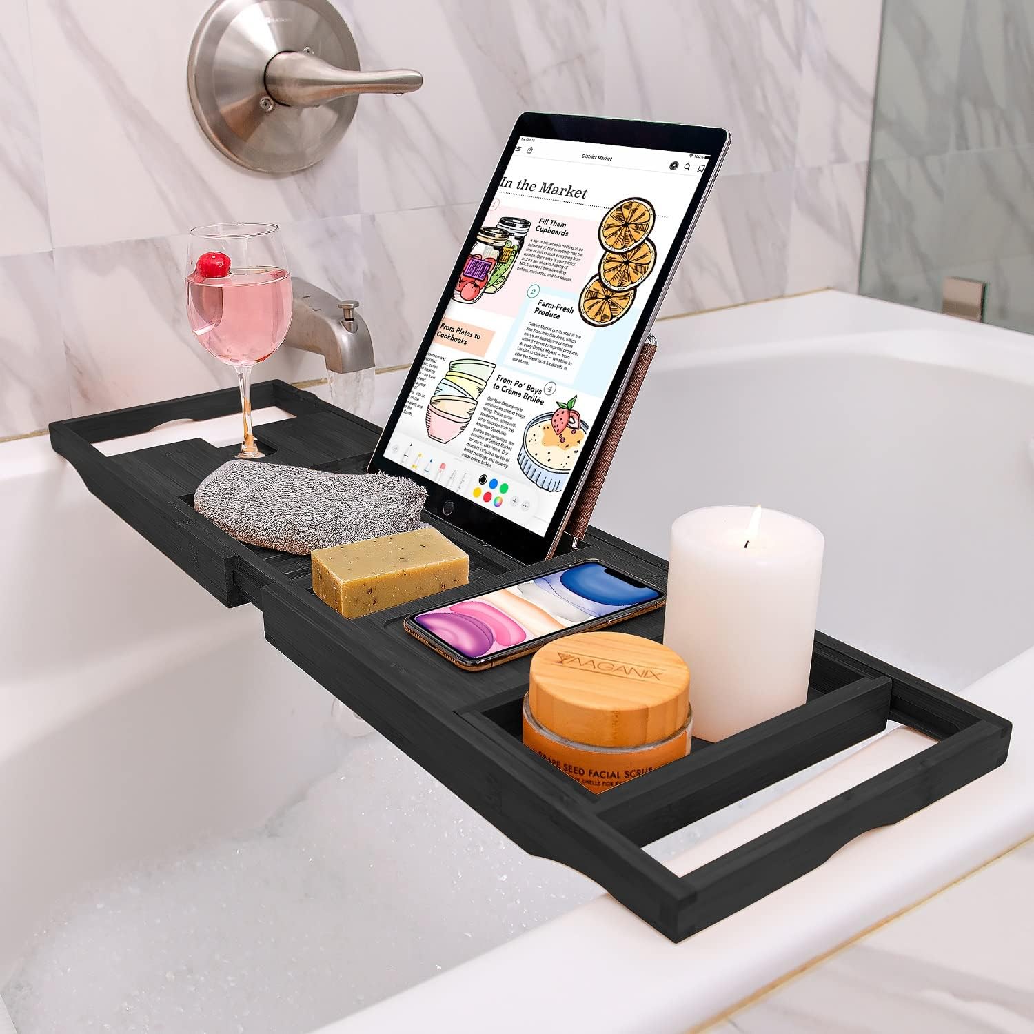 Indulge in Luxury: Expandable Black Bamboo Bathtub Tray with Wine Glass Holder and Tablet Stand