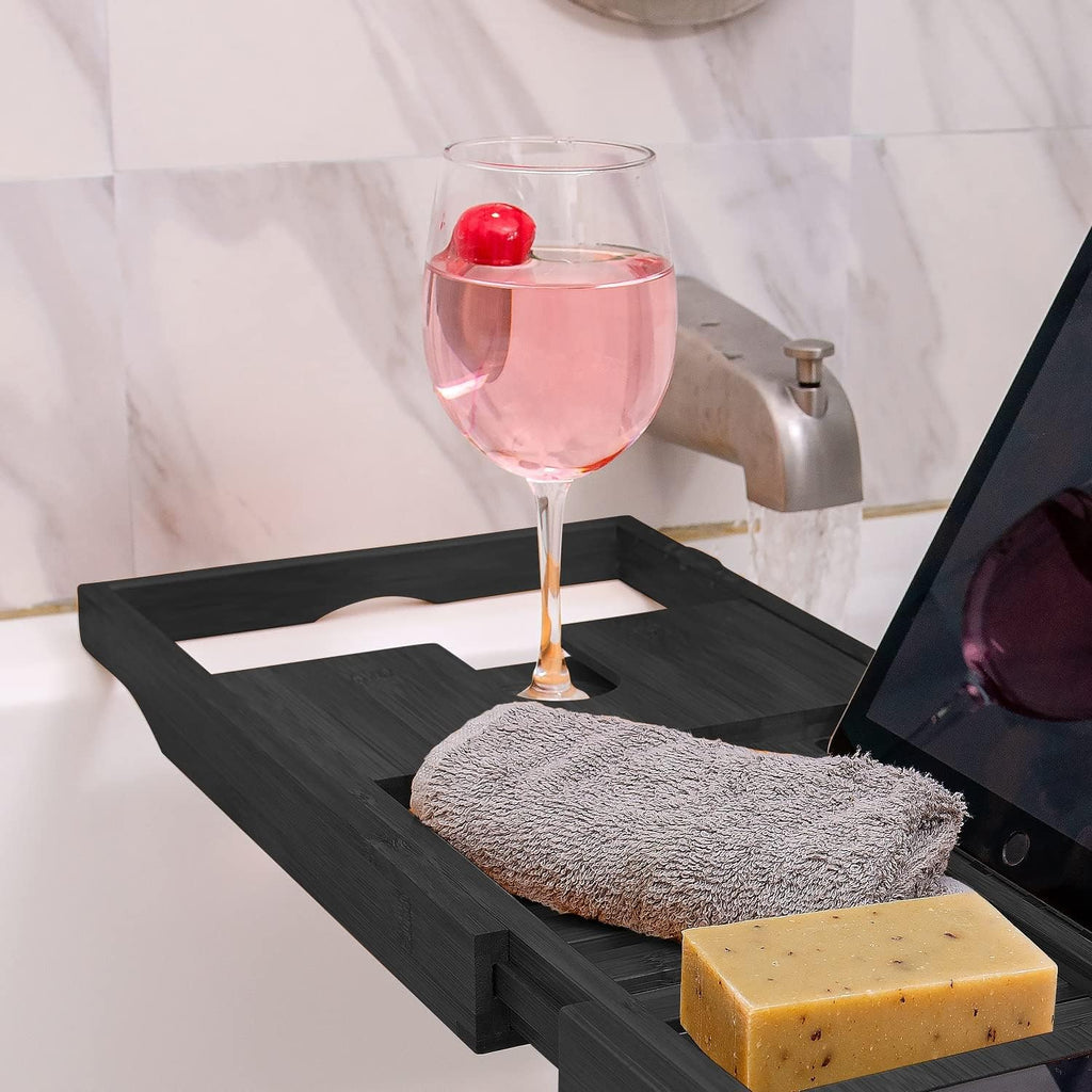 Indulge in Luxury: Expandable Black Bamboo Bathtub Tray with Wine Glass Holder and Tablet Stand