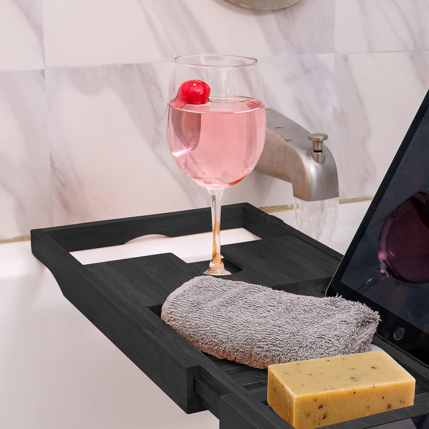 Indulge in Luxury: Expandable Black Bamboo Bathtub Tray with Wine Glass Holder and Tablet Stand