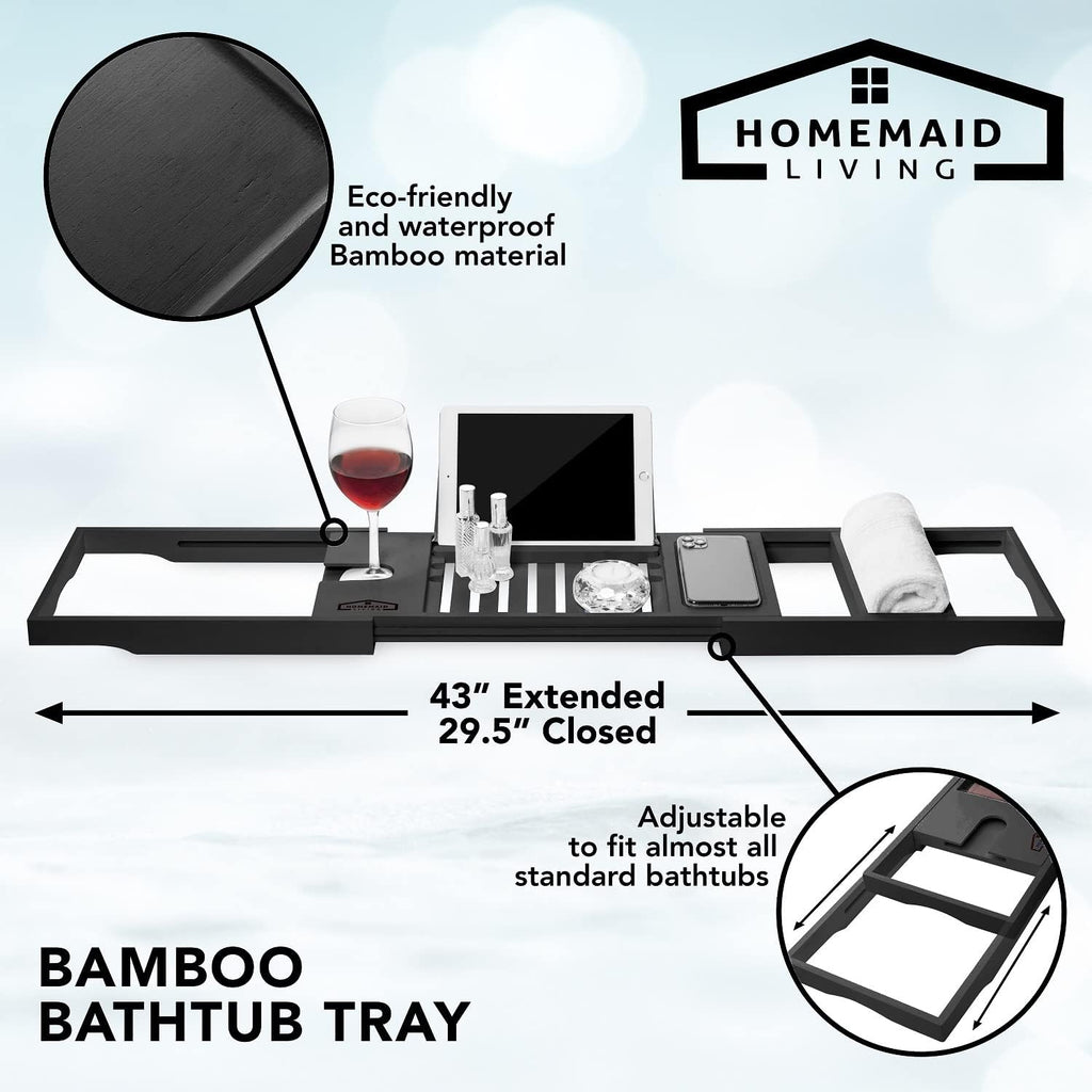 Indulge in Luxury: Expandable Black Bamboo Bathtub Tray with Wine Glass Holder and Tablet Stand
